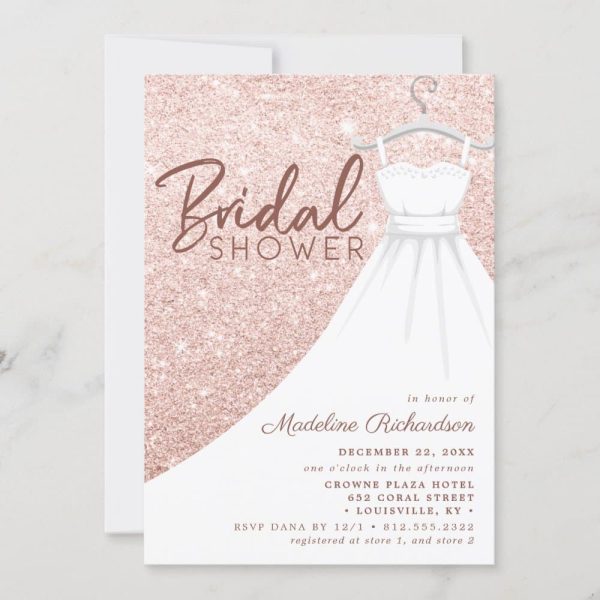 Rose Gold Glitter Bridal Shower Invitation With A White Wedding Dress Illustration.