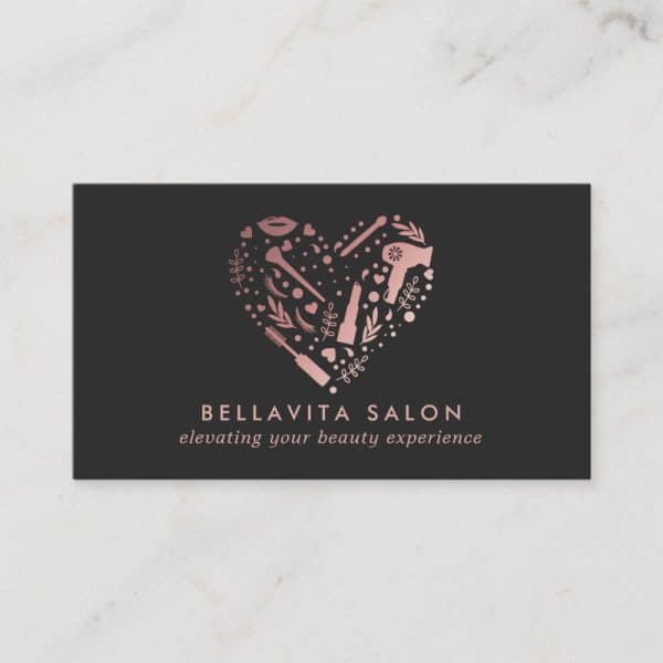 Bellavita Salon Business Card Featuring A Rose Gold Heart Composed Of Beauty Icons.