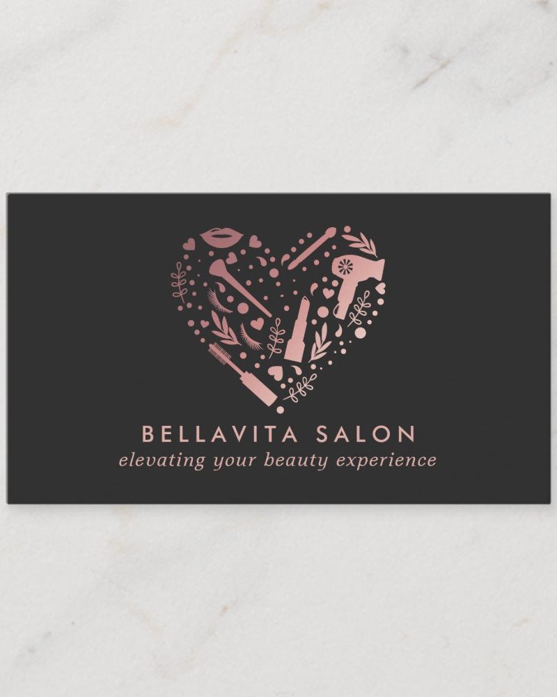 Bellavita Salon business card featuring a rose gold heart composed of beauty icons.