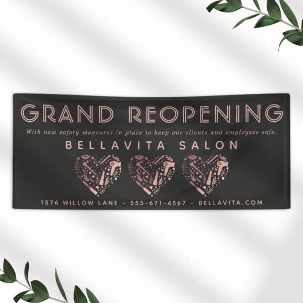 Bellavita Salon Grand Reopening Banner With Three Rose Gold Hearts Filled With Beauty Icons.