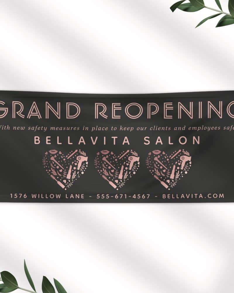 Bellavita Salon grand reopening banner with three rose gold hearts filled with beauty icons.