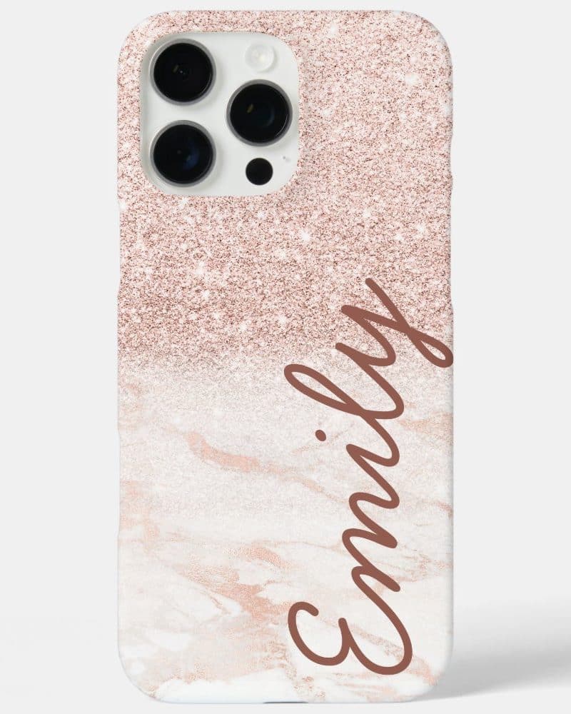 Rose gold glitter and marble iPhone case with the name Emily.
