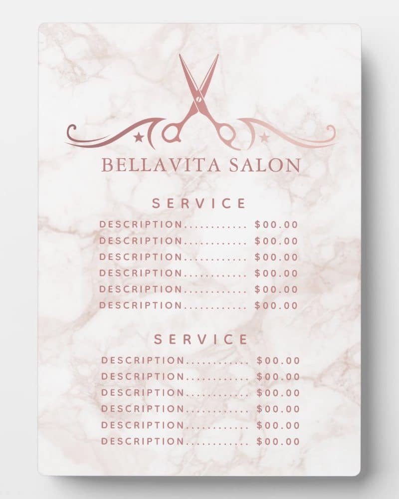 Bellavita Salon price list on a marble background.