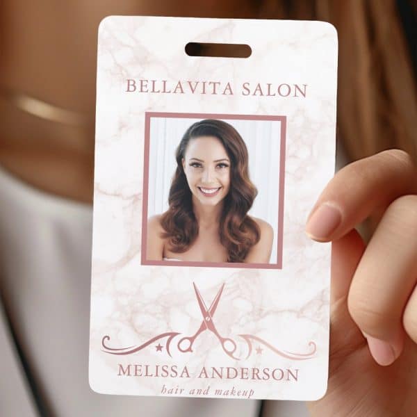 A Bella Vita Salon Employee Id Card Featuring Melissa Anderson, Hair And Makeup Stylist. The Card Has A Marble Background And A Rose Gold Design.
