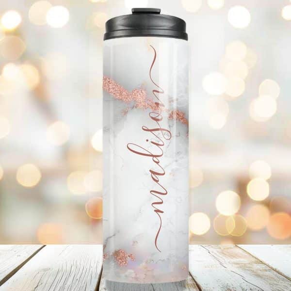 Personalized Travel Tumbler With Marble Design And Rose Gold Name Madison.