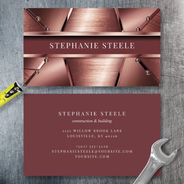 Rose Gold Business Card With Geometric Design, Featuring Stephanie Steele'S Contact Information.