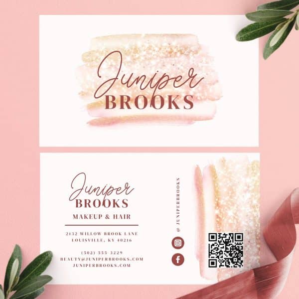 A Business Card For Juniper Brooks Makeup &Amp; Hair. The Design Features A Pink And Gold Watercolor Wash.