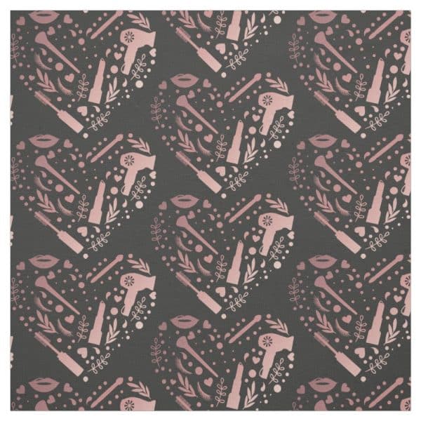 A Dark Gray Pattern Featuring Pink Makeup Items And Hair Styling Tools.