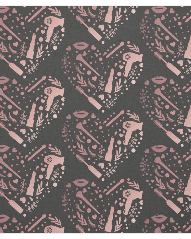 A dark gray pattern featuring pink makeup items and hair styling tools.