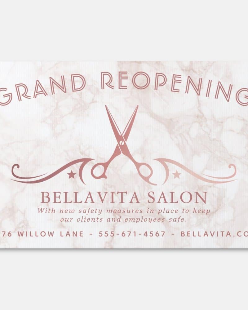 Bellavita Salon grand reopening announcement with rose gold scissors logo on a marble background.