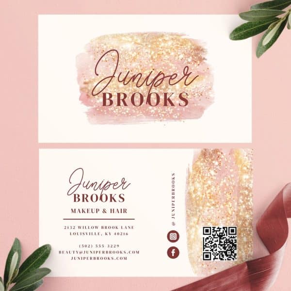 Juniper Brooks Makeup And Hair Business Card With Gold Glitter Design.