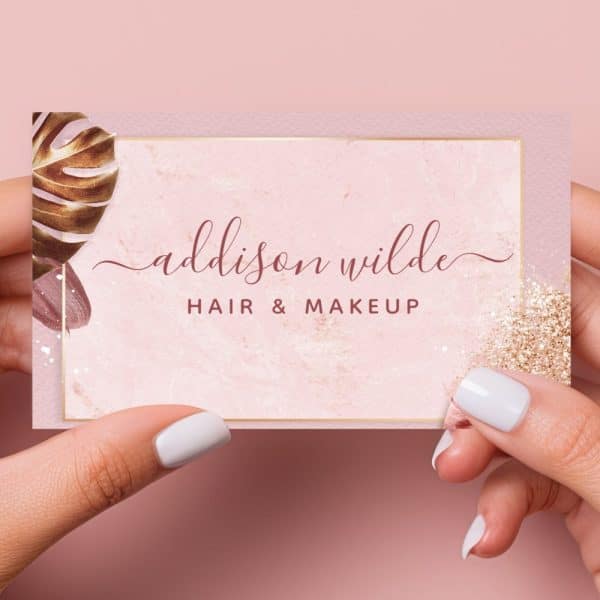 Pink Business Card For Addison Wilde Hair &Amp; Makeup, Featuring Gold Leaf And Glitter Accents.