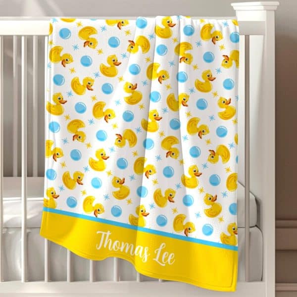 Personalized Baby Blanket With A Yellow Rubber Ducky And Bubble Pattern.