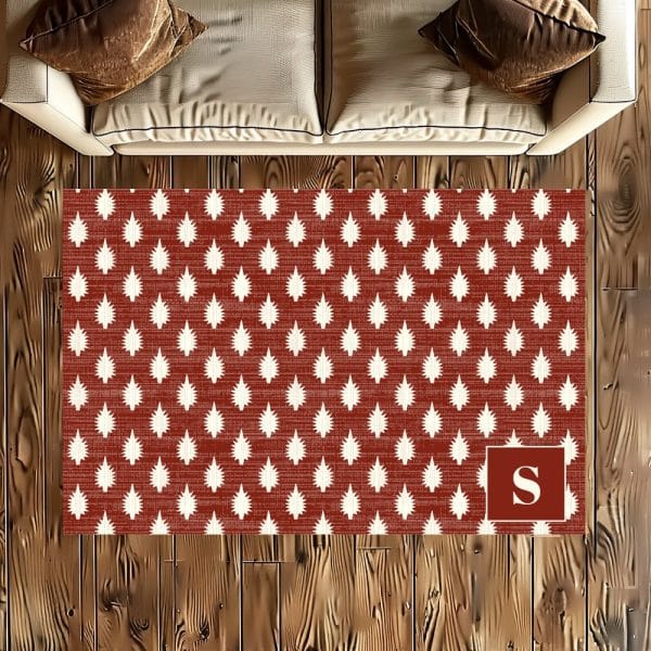 Red Area Rug With A White Repeating Pine Tree Pattern And A Letter S In The Bottom Right Corner.