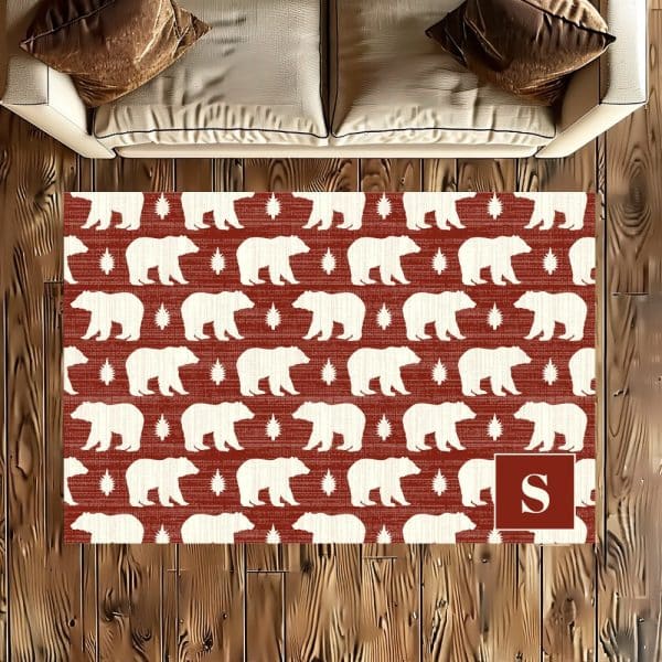 Red Area Rug With A Repeating Pattern Of White Bears And Stars, Personalized With A Monogram.