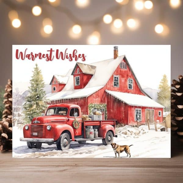 Warmest Wishes Christmas Card Featuring A Red Vintage Truck Carrying Christmas Items In Front Of A Snow Covered Red Barn.