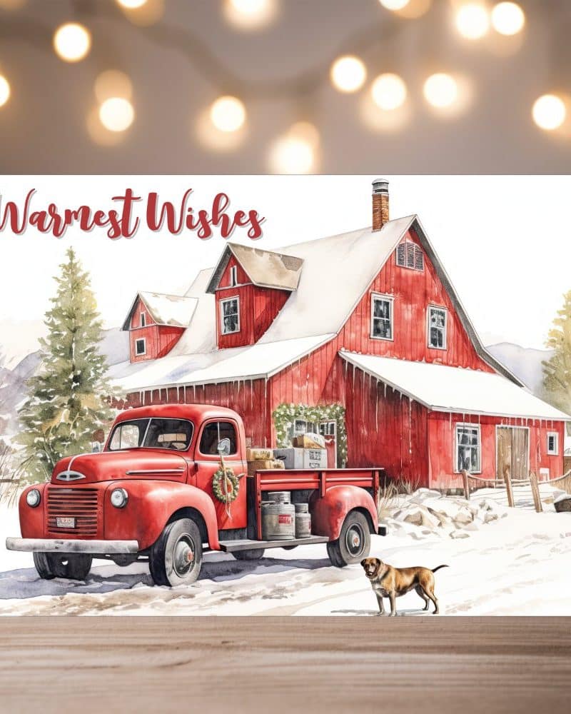 Warmest Wishes Christmas card featuring a red vintage truck carrying Christmas items in front of a snow covered red barn.