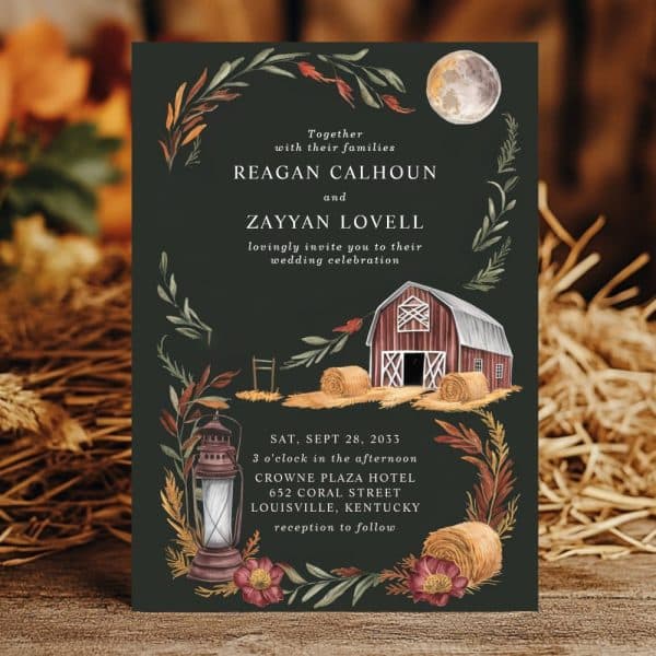 Wedding Invitation Featuring A Rustic Barn, Hay Bales, And Lantern Illustration.