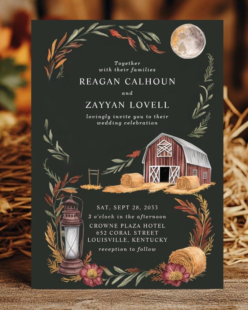 Wedding invitation featuring a rustic barn, hay bales, and lantern illustration.