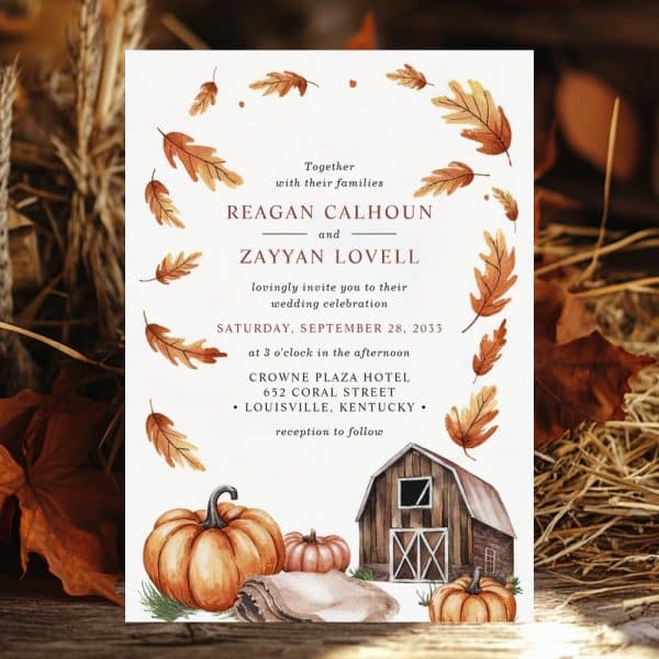 Wedding Invitation With Autumn Leaves, Pumpkins, And A Barn.