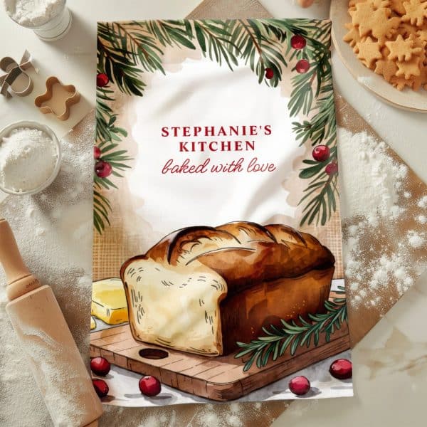 Kitchen Tea Towel Featuring A Loaf Of Bread, Cranberries, And Pine Branches; Personalized With Stephanie'S Kitchen, Baked With Love.