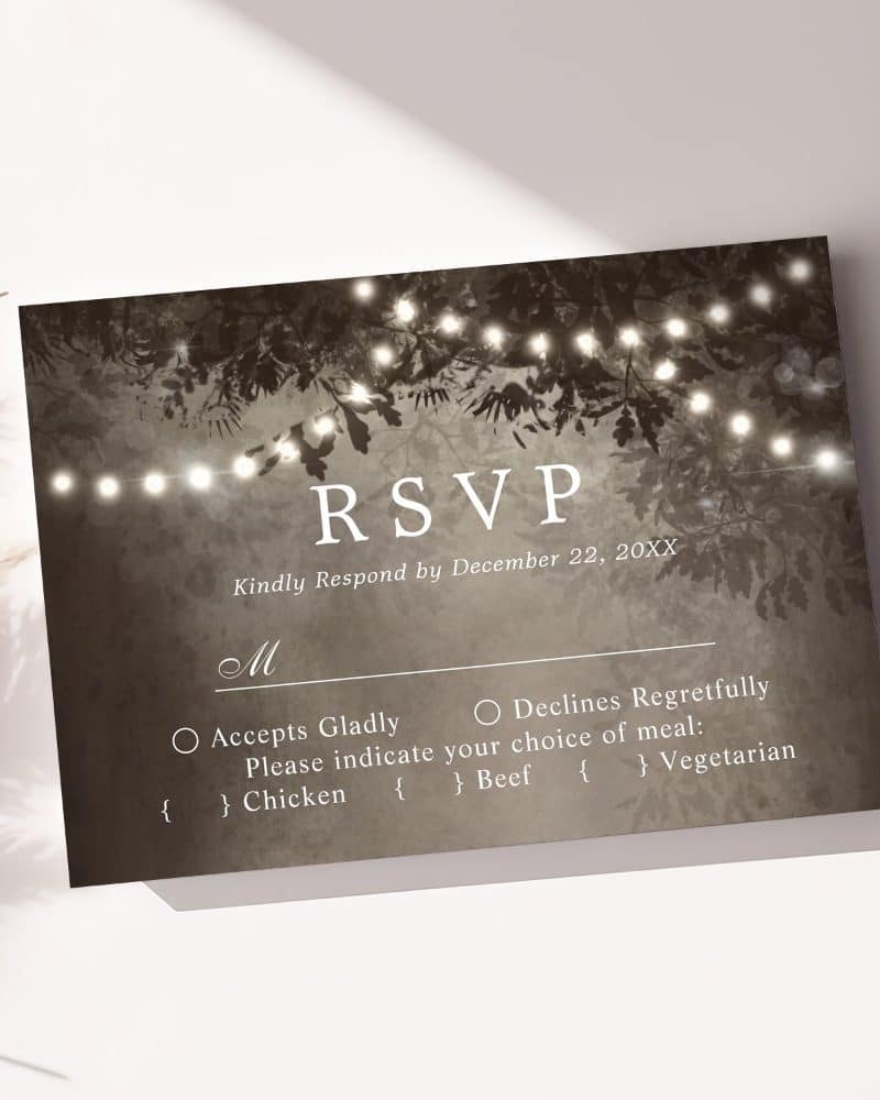 Sepia-toned RSVP card with string lights and leaves; indicates meal choices.