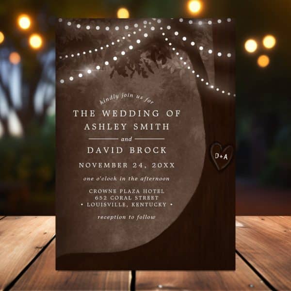 Wedding Invitation Featuring A Silhouetted Tree With String Lights, Announcing The Wedding Of Ashley Smith And David Brock.