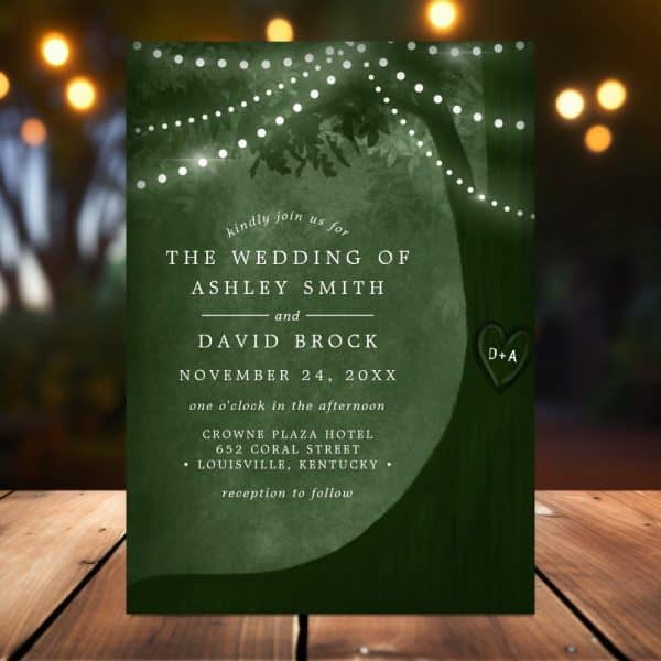 Dark Green Wedding Invitation With Tree Silhouette, String Lights, And Wedding Details For Ashley Smith And David Brock.