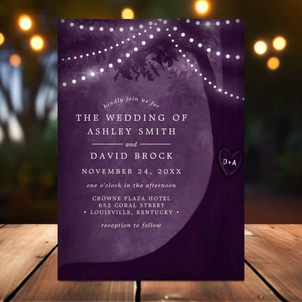 Purple Wedding Invitation Featuring A Silhouetted Tree With String Lights. The Invitation Announces The Wedding Of Ashley Smith And David Brock.