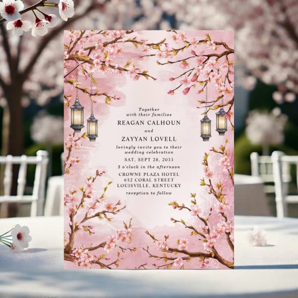 Pink Wedding Invitation With Cherry Blossoms And Hanging Lanterns.