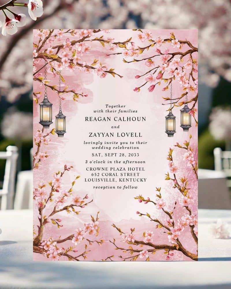 Pink wedding invitation with cherry blossoms and hanging lanterns.
