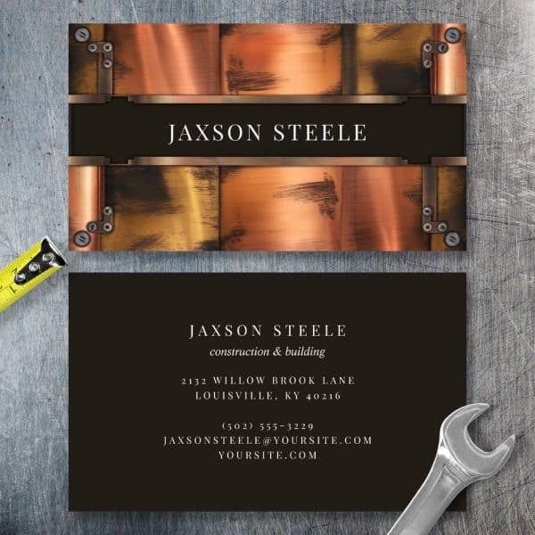 Jaxson Steele Construction And Building Business Card With A Metallic Copper Design.