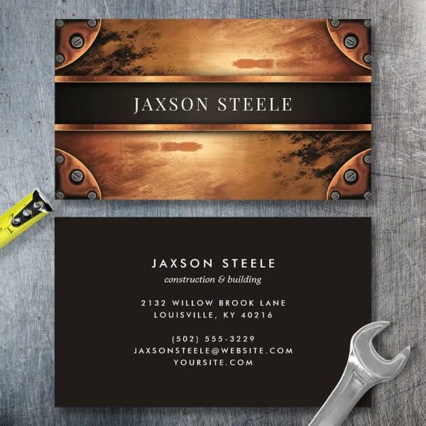 Jaxson Steele Construction And Building Business Card With Metallic Copper Design.