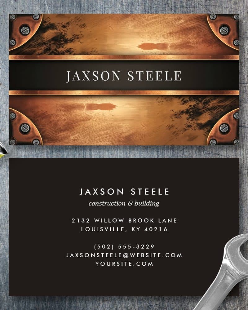 Jaxson Steele construction and building business card with metallic copper design.