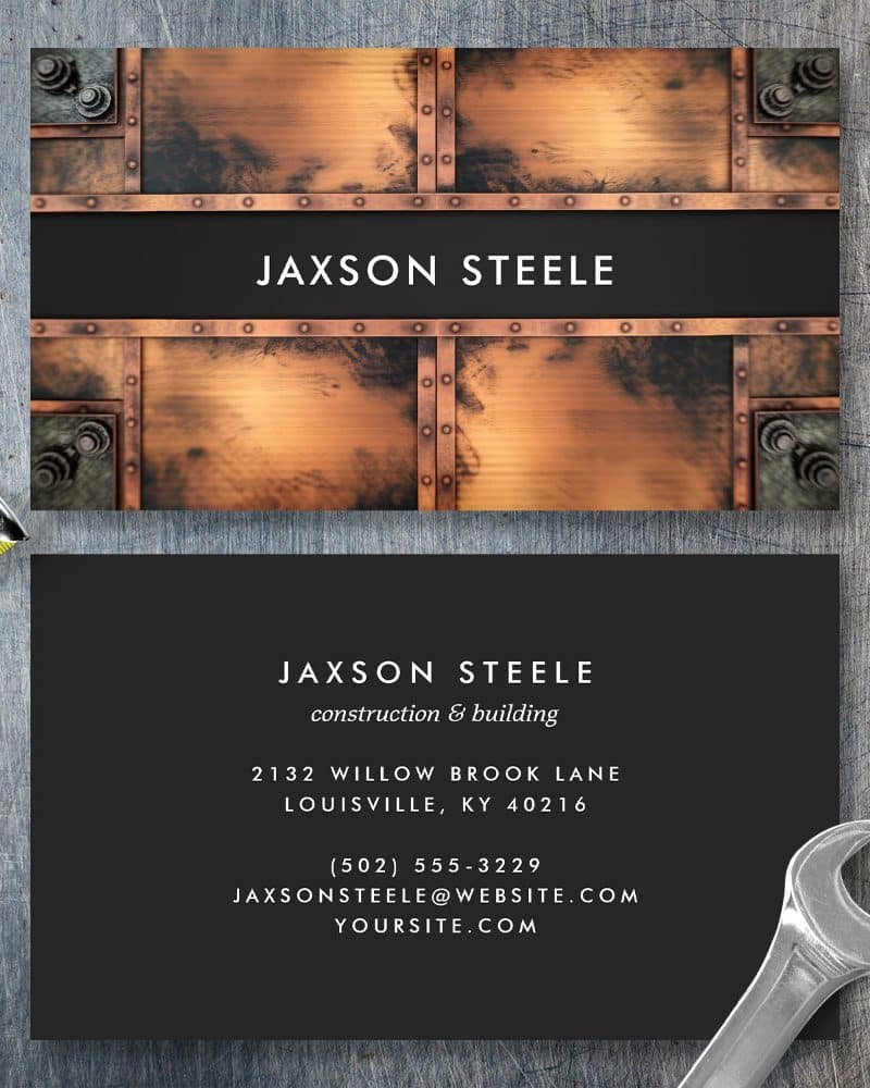 Jaxson Steele construction and building business card with a copper and metal design.