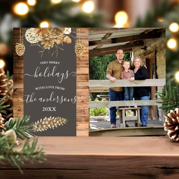 A Christmas Card Featuring A Family Of Three Smiling On A Porch, With A Rustic Design And The Family'S Name.