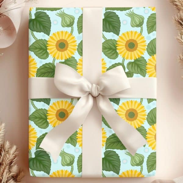 Gift Wrapped In Sunflower Patterned Paper With A Cream-Colored Ribbon.