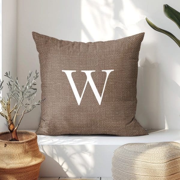 Brown Burlap Pillow With A White Capital W.