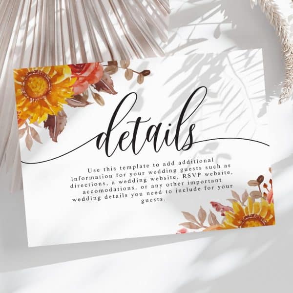 Wedding Details Card With Sunflowers And Other Fall Flowers.
