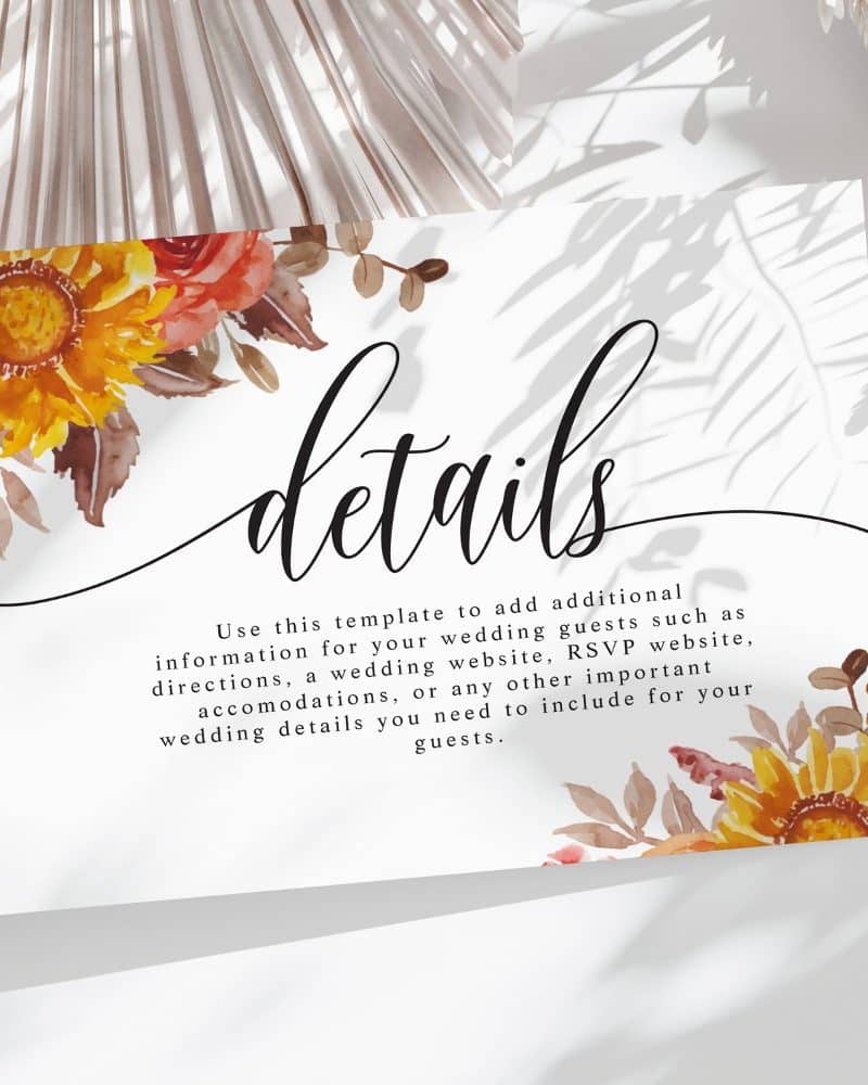 Wedding details card with sunflowers and other fall flowers.