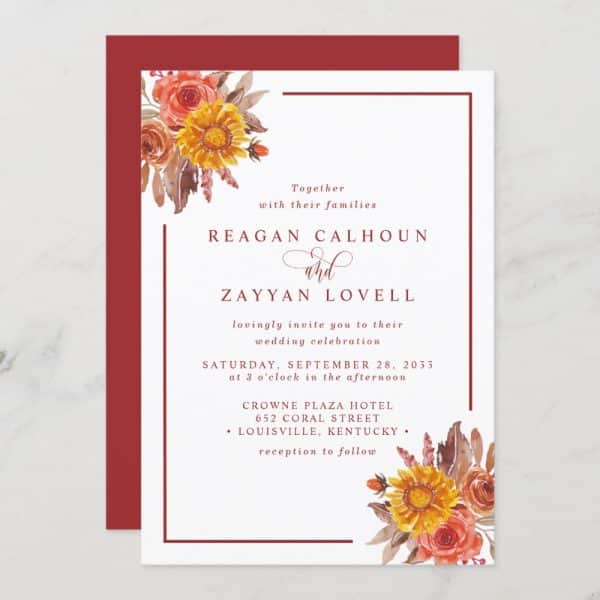 Wedding Invitation For Reagan Calhoun And Zayyan Lovell, Featuring Autumnal Flowers.
