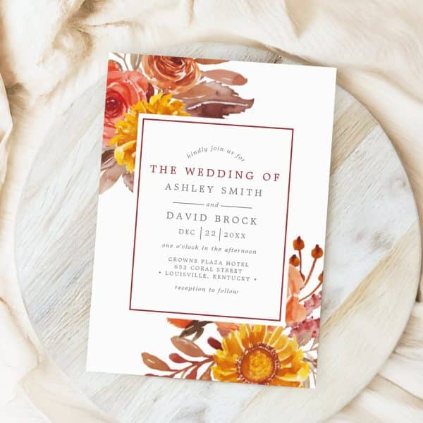 Wedding Invitation With Autumnal Floral Border Featuring Sunflowers And Roses, Announcing The Marriage Of Ashley Smith And David Brock.