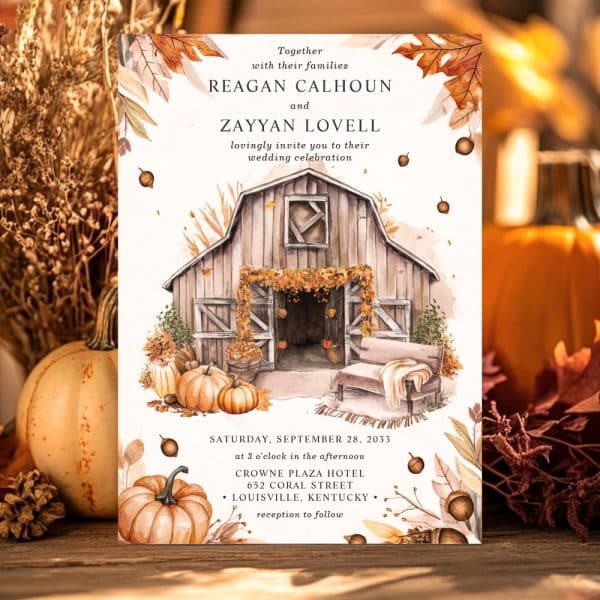Fall-Themed Wedding Invitation Featuring A Watercolor Painting Of A Rustic Barn With Pumpkins And Autumn Leaves.