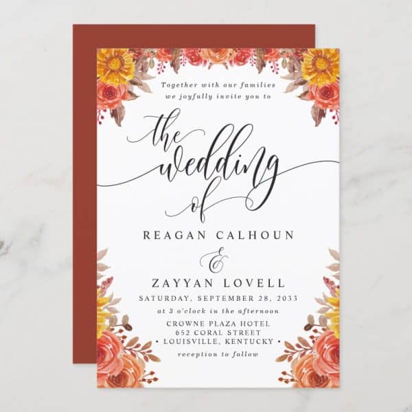 Wedding Invitation For Reagan Calhoun And Zayyan Lovell, Featuring Autumnal Floral Decorations.