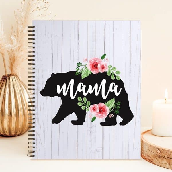 Spiral-Bound Notebook Featuring A Black Bear Silhouette Adorned With Pink Flowers And The Word Mama.