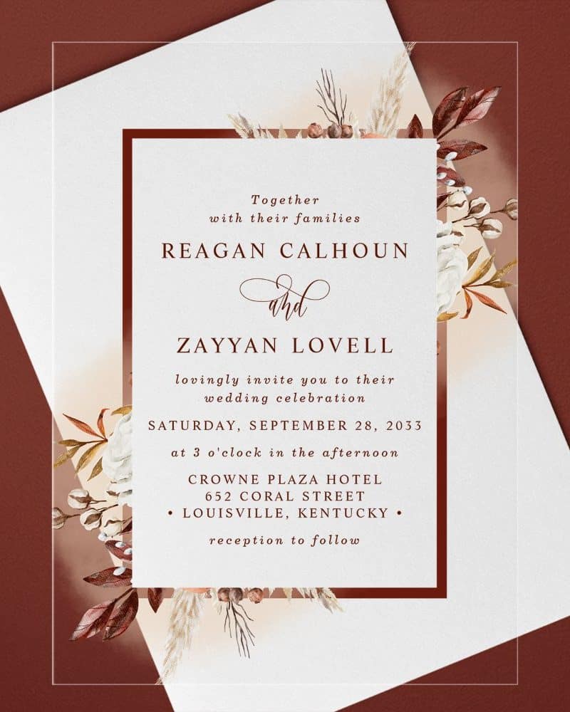 Wedding invitation for Reagan Calhoun and Zayyan Lovell, September 28, 2033, at the Crowne Plaza Hotel in Louisville, Kentucky.