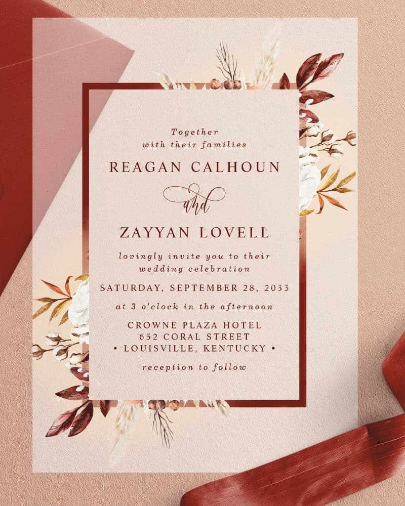 Wedding invitation for Reagan Calhoun and Zayyan Lovell, featuring autumnal floral decorations.