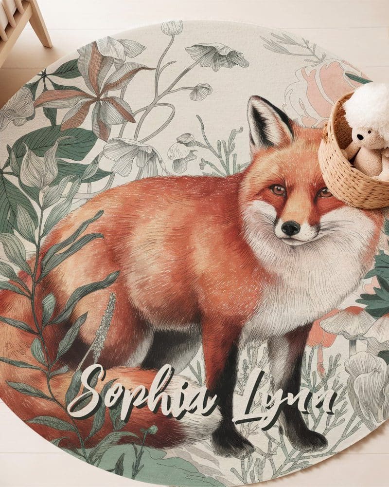 Round rug featuring a red fox standing in a garden setting with foliage and flowers; the name Sophia Lyla is written underneath.