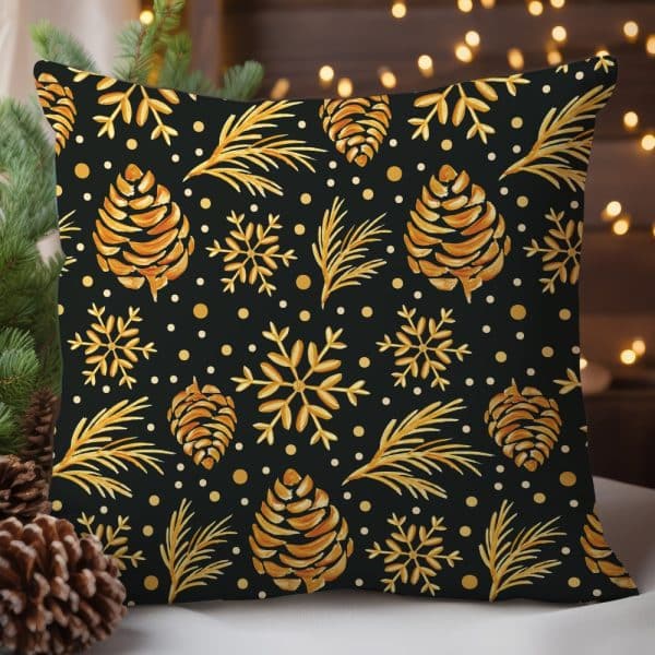 Gold Pine Cones And Snowflakes On A Black Throw Pillow.