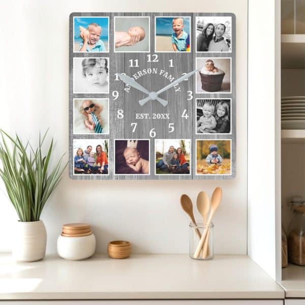 Square Family Photo Clock With Gray Woodgrain Background.
